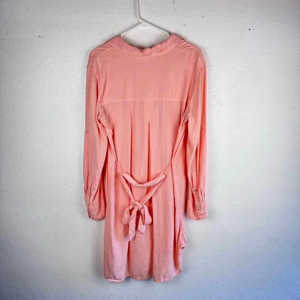Anthropologie Cloth and Stone Long Sleeve Belted Pink Shirt Dress Womens Sz L